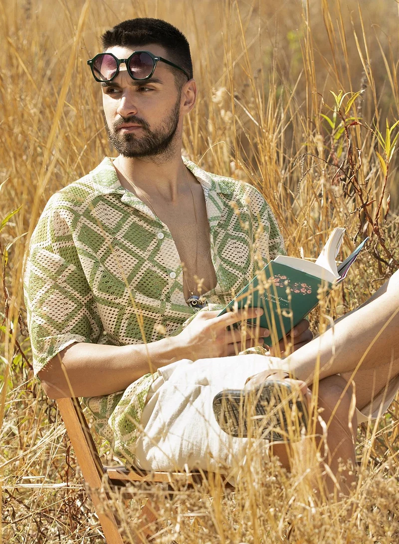 Men's Grass Green & Pale Yellow Geometric Block Oversized Shirt For Casual Wear | Spread Collar | Short Sleeve | Button Closure | Shirt Crafted With Comfort Fit For Everyday Wear